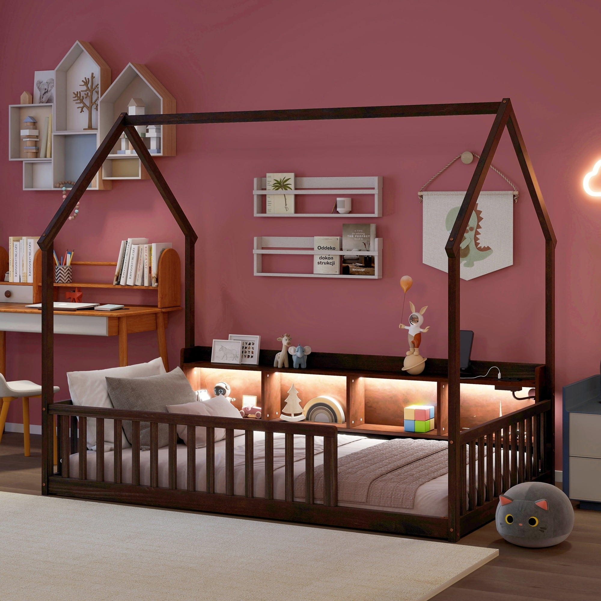 Leumius Twin Size House Floor Bed with Storage Shelves,Built-in LED Lights & Charging Station,Pine Wood Floor Bed Frame with Safety Guardrails for Kids Bedroom Espresso