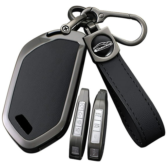 Metal & Leather 5/6/7/8 Button Smart Key Fob Cover Case Compatible with Kia Seltos 2024 Telluride EV9 Picanto Sorento All New K5 2023 Keyless with Leather Keychain