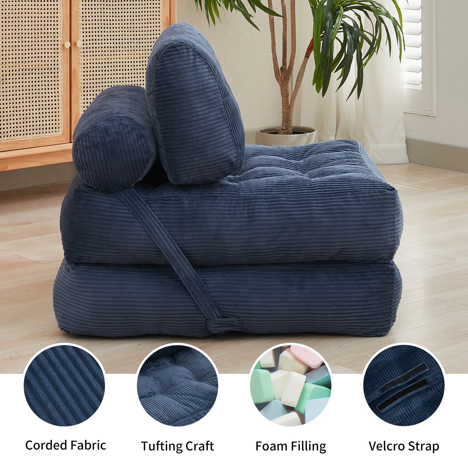 BALUS  Boneless Futon Couch Bed, No Assembly Sofa Chair for Sleeping, Dorm Sofa Bed for Apartment/ Living Room, Corded, Dark Blue