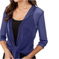 thumbnail image 5 of qolati Womens Glitter Sheer Shrug Elegant 3/4 Sleeve Tie Front Cropped Cardigans Party Lightweight Mesh Bolero Shrugs Navy XXXL, 5 of 7