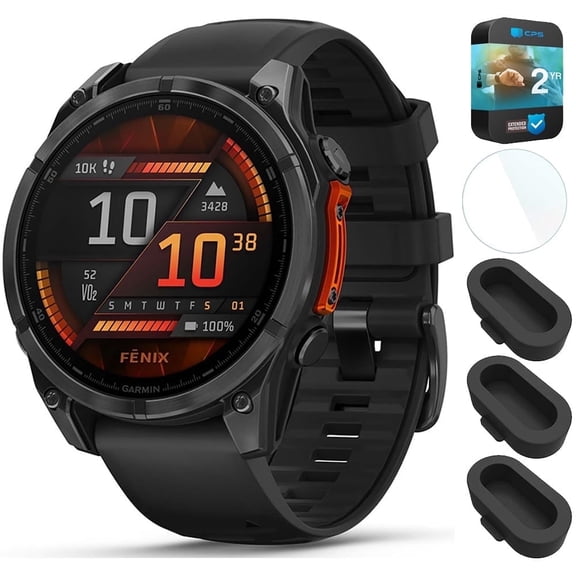 Garmin 010-02904-00 Fenix 8 47 mm AMOLED Slate Gray with Black Silicone Bundle with Dust Cover for Fenix 3 Pack, 1.4 Inch Screen Protector for Garmin Fenix 6 and 2 YR CPS Enhanced Protection Pack