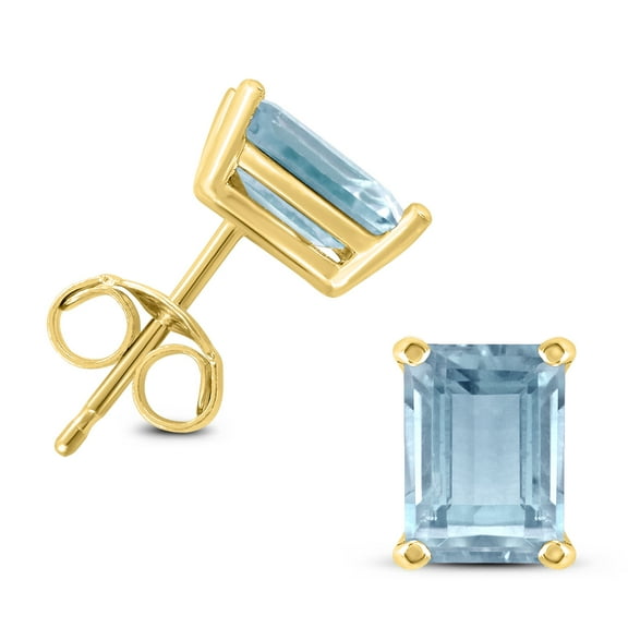 SZUL Women's 14K Yellow Gold 6x4MM Emerald Shaped Aquamarine Earrings