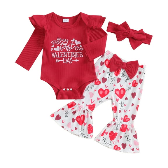 Elippeo Baby Girls Valentine’s Day Outfits 3M 6M 12M 18M Embroidery Romper Flare Pants Headband Set Infant Clothes