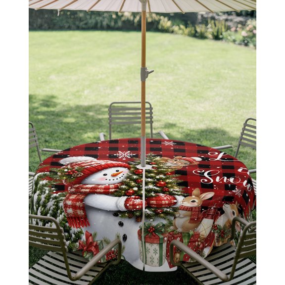 Outdoor Tablecloth with Umbrella Hole, Christmas Trees Cute Snowman Zippered Table Cloth for Square Tables, Deer Rabbit Red Plaid Washable Waterproof Tablecloths for Picnic Patio Garden