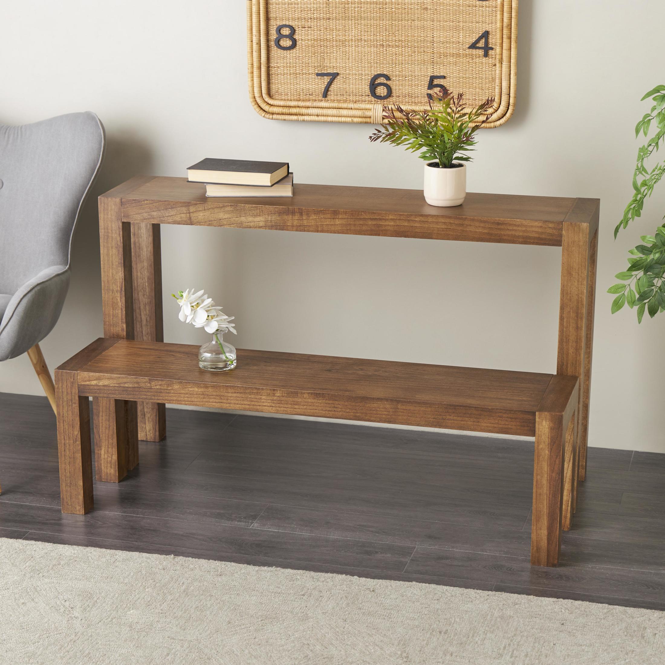 DecMode 31", 15"H Brown Wood Rectangular Console Table with Bench, 2-Pieces