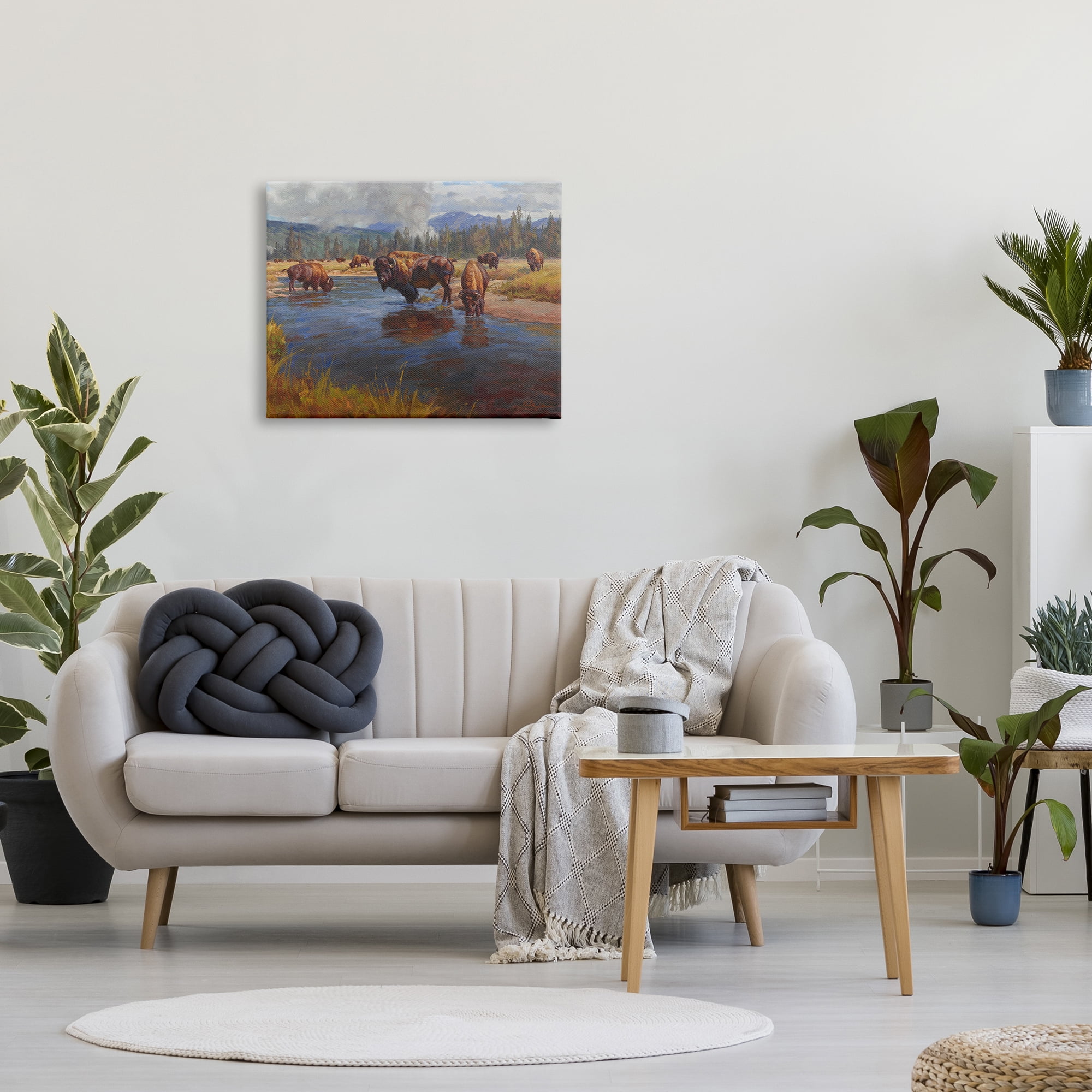 Stupell Industries Bison Herd by River Animals & Insects Painting Gallery Wrapped Canvas Print Wall Art, 30 x 24