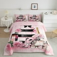 thumbnail image 2 of Manfei Pink Fashion 3 Pieces Queen Comforter Set,High Heels Bedding Sets,Flower Cosmetics Bedding Comforter Set,Microfiber Floral Bedroom Decorative,Reversible, 2 of 8