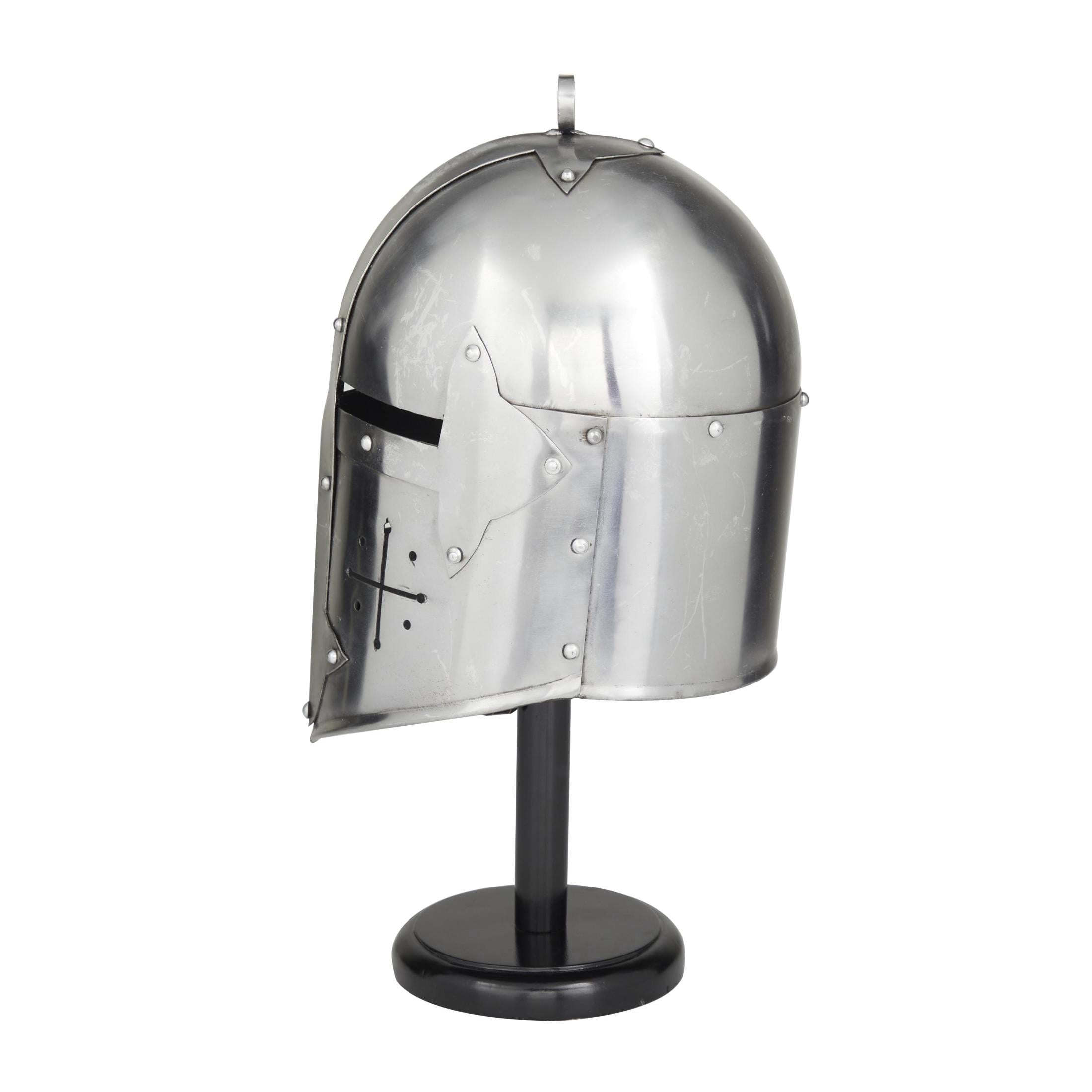 18" Silver Metal Replica Medieval Knight Crusader Mask Helmet with Black Wood Stand, by DecMode