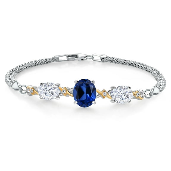 925 Silver and 10K Yellow Gold Blue Created Sapphire and White Moissanite and White Lab Grown Diamond Bracelet for Women (6.36 Cttw, Oval 10X8MM and 8X6MM, 6.5/7/7.5 inch, Made in Italy)