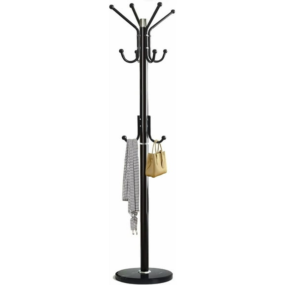 Modern Coat Rack Freestanding with Natural Marble Base & Sturdy Metal Frame, 11 Hooks Hall Tree, Closet (Black)