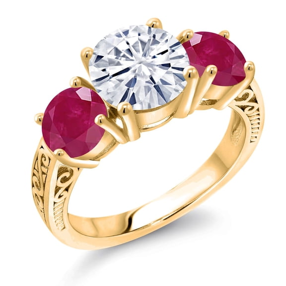 Gem Stone King 18K Yellow Gold Plated Silver White Moissanite and Red Ruby Engagement Ring for Women | 3.90 Cttw | Round 8MM | Gemstone Birthstone | Size 5