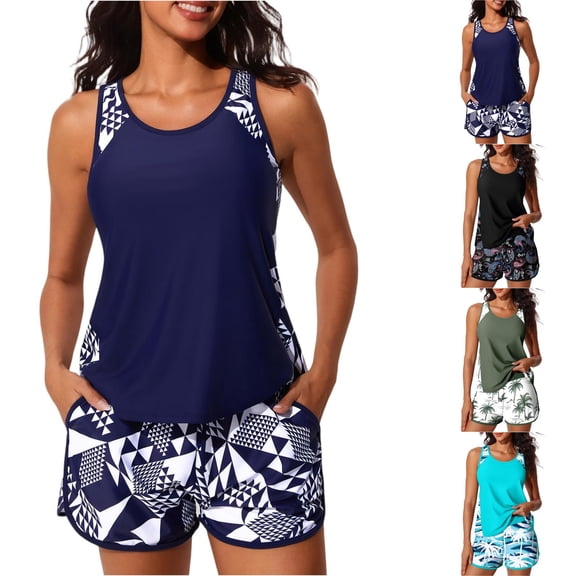 Summer Tankini Swimsuits for Women Modest Tummy Coverage Bathing Suits with Shorts Cyan L