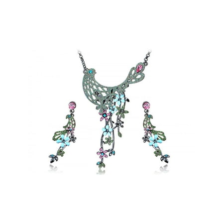 Green Tone Woodland Nymph Elegant Floral Element Earring Necklace Set