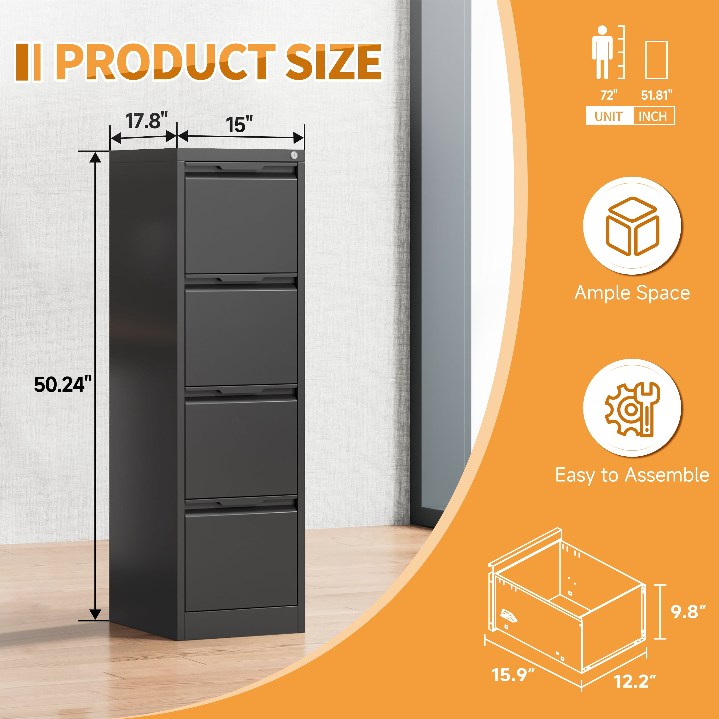 Metal File Cabinet with Lock, Storage Cabinet with 4 Drawers for Home Office,Metal Filing Cabinet for Legal/Letter/A4 Files,Assembly Required(15''W-4 Drawers,Black)