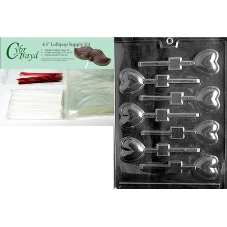 Lollipop Lollipop Mold Cybrtrayd 45StK25R-V069 Small Heart Lolly Valentine Chocolate Candy Mold with Lollipop Supply Bundle, Includes 25 Lollipop Sticks, 25 Cello Bags, 25 Red Twist Ties, Instructions ()