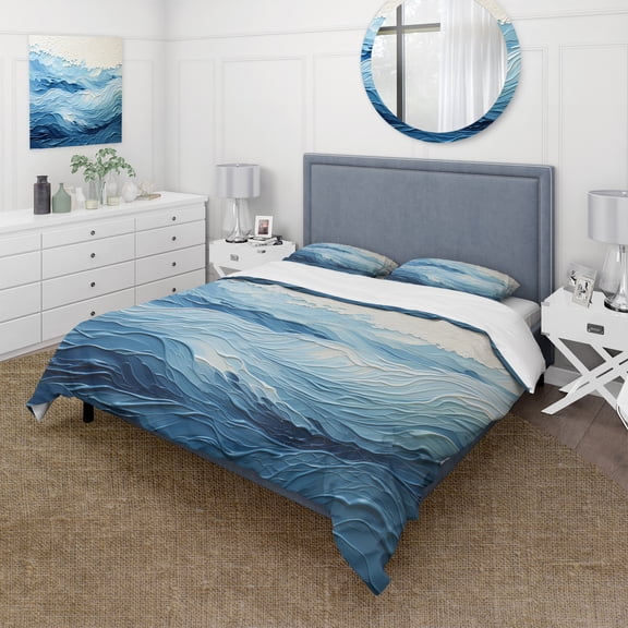 Designart "Modern Coastal Waves in Blue and White I" Coastal Minimalism Bedding Covert Set - Landscapes Blue Coastal Bed Set With 2 Shams