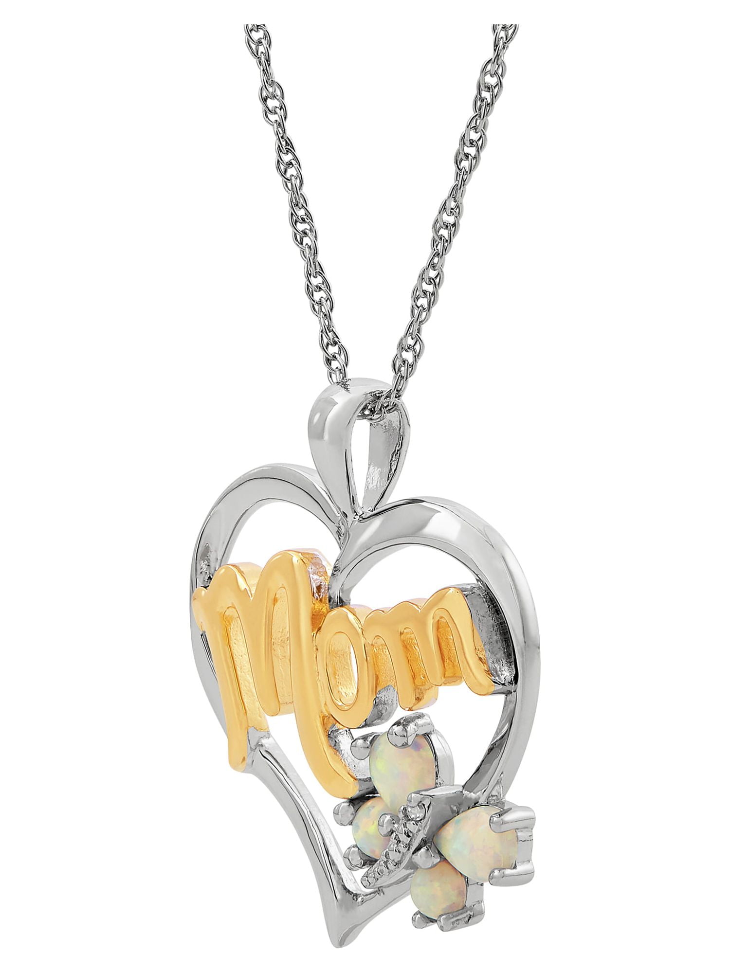 Brilliance Fine Jewelry Created Opal with Diamond Accent 'Mom' Heart in Sterling Silver Pendant, 18" Necklace