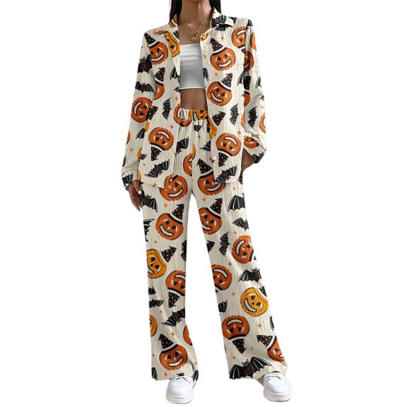 Michellecmm Women Halloween Pajama Set, Pumpkin Bat Print Long Sleeve Top with Pants Sleepwear Loungewear