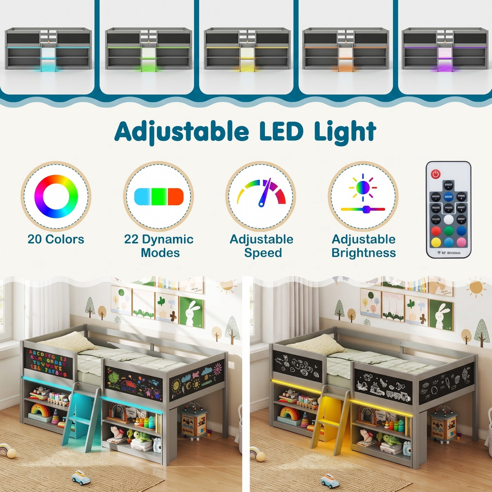 Furnibear Low Loft Bed with LED Lights and Bookcases for Kids Bedroom, Space-Saving Wood Cabin Bed with Storage Shelves and Chalkboard, Gray