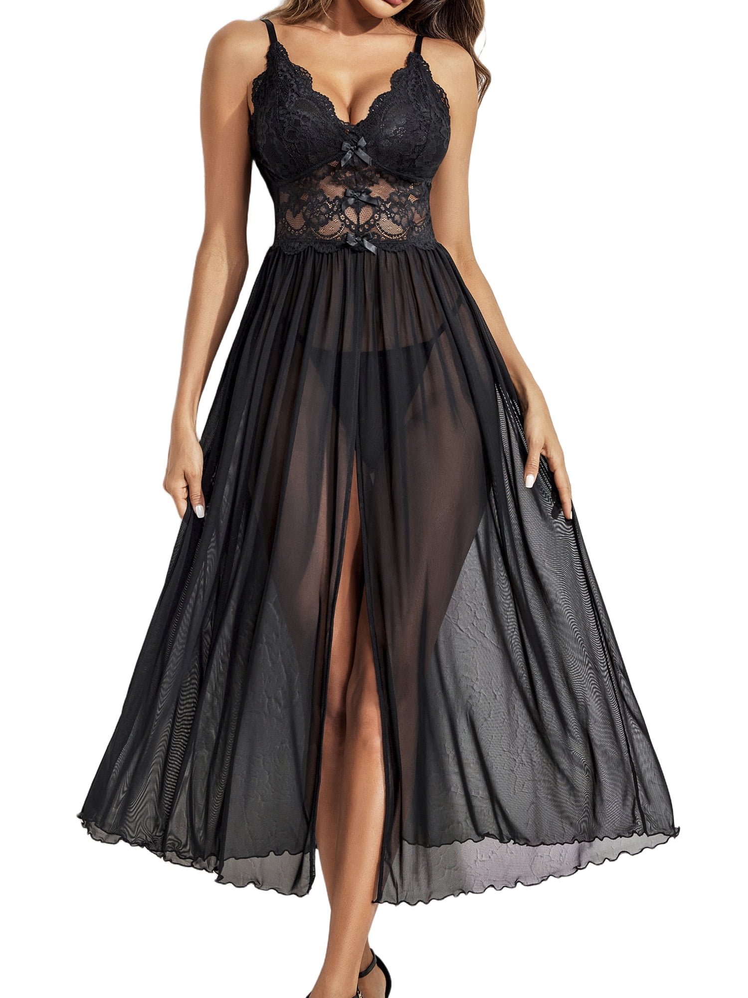 Avidlove Women Lingerie Lace Chemise Sexy Mesh Nightdress V Neck Nightwear Split Nightgown S-XXL