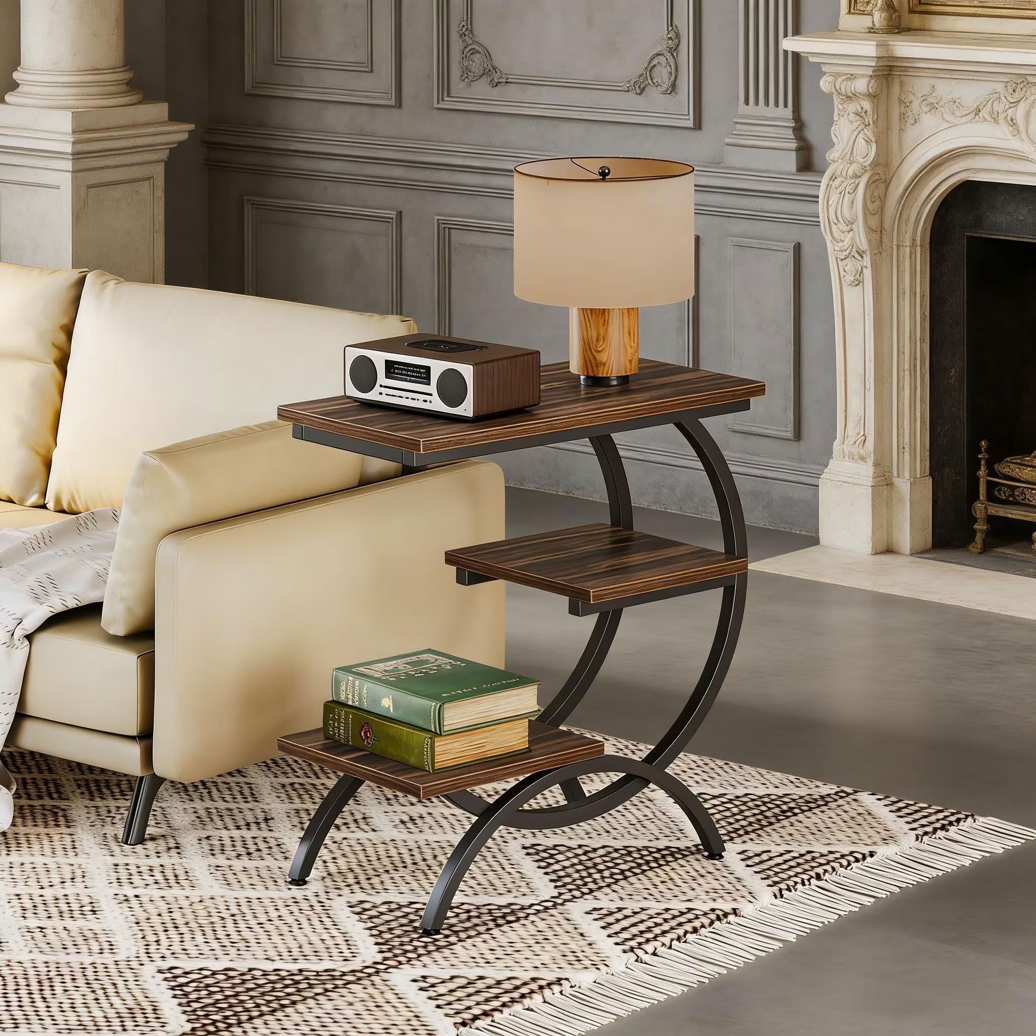 MAYEERTY 3-Tier C-Shaped End Table, Industrial Side Table with Wood Top and Metal Frame, Space-Saving Sofa for Living Room, Bedroom