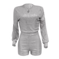 thumbnail image 3 of Baqcunre Jumpsuits For Women,Women's Round Neck Long Sleeved Split Sequin Shorts Jumpsuit,Pants For Women,One Piece Jumpsuit,Jumpsuits For Women Casual,Womens Clothes,Grey,S, 3 of 4