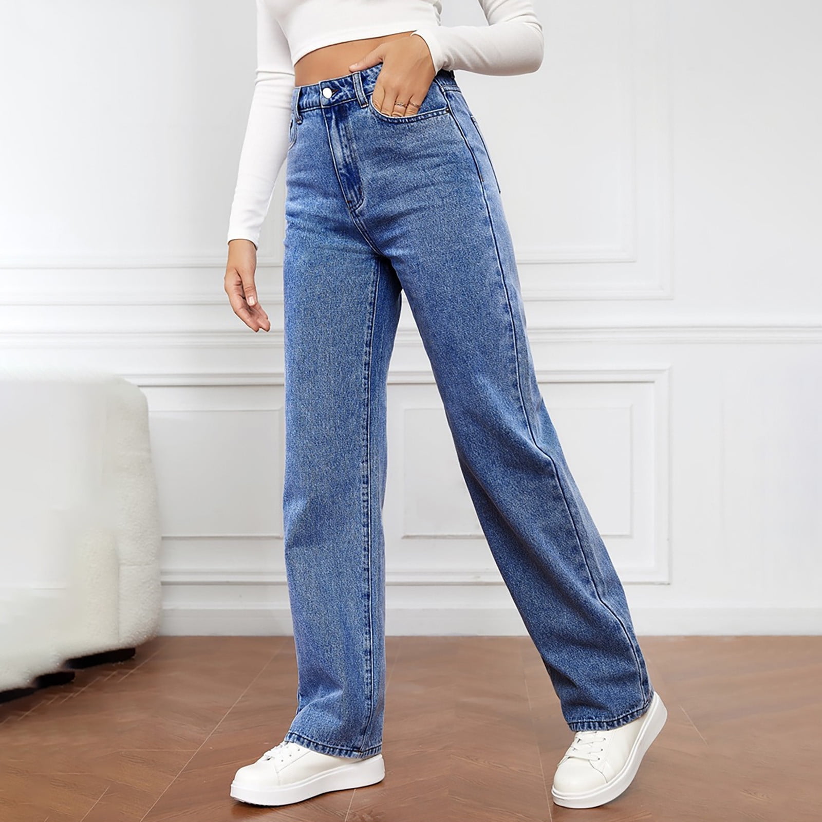 AherBiu Juniors Jeans for Women Straight Leg High Waisted Streetwear Denim Pants Trousers with Pockets