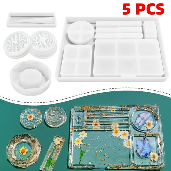 Resin Tray Molds and Resin Grinder Mold (5 PCS) for Grind and Storage, Large Molds Silicone Molds for Arts, DIY Epoxy Kit