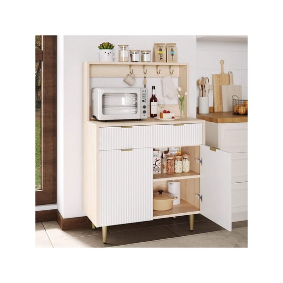 Studyset Fluted Sideboard Buffet Cabinet With Storage,Modern Coffee Bar Cabinet With 2 Drawers,Wood Buffet Console Table Accent Cabinet Kitchen Storage Cabinet Coffee Bar Station Table Wood Cupboard
