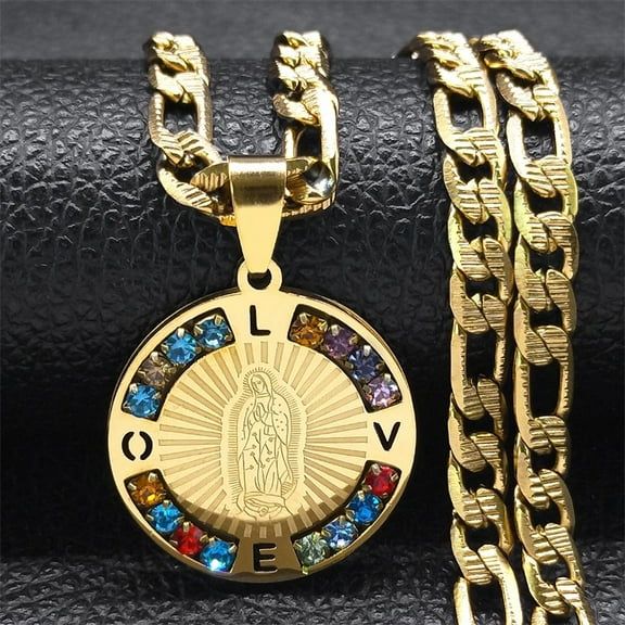 Virgin Mary Love Colorful Crystal Necklace Women Men 14K Yellow Gold Our Lady of Guadalupe Necklaces Jewelry