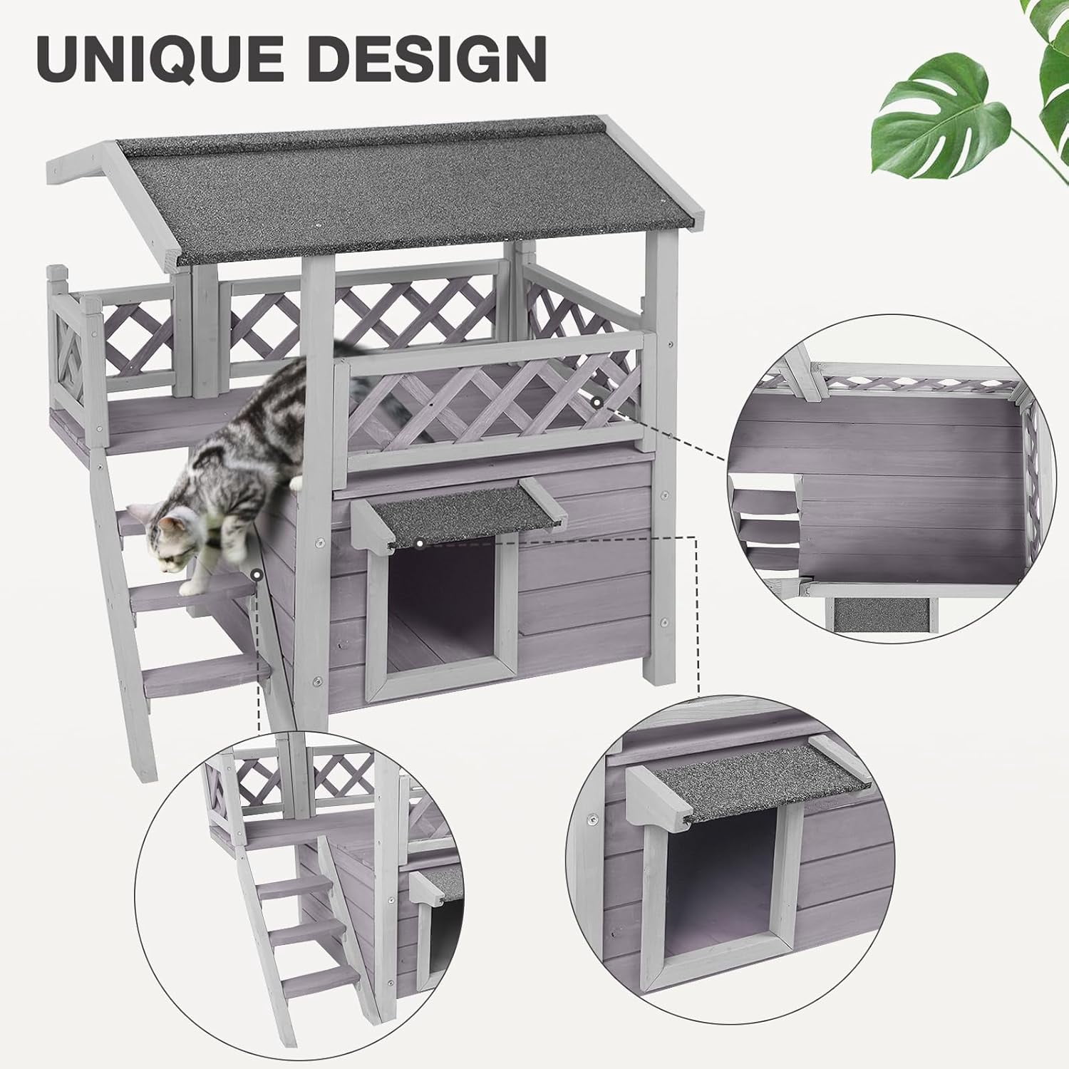 BUTINGLALE Cat House Outdoor Indoor Feral Cat Shelter Wooden Kitty House with Stairs, Balcony＆Weatherproof Roof