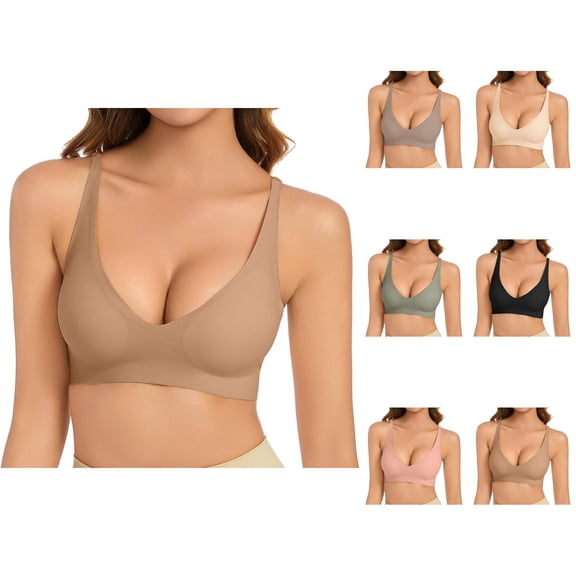 V Neck Wireless Bra for Women, Deep V Mesh Seamless Bralette Lightly Padded Soft Comfort Push Up Bra No Underwire Feel Fit