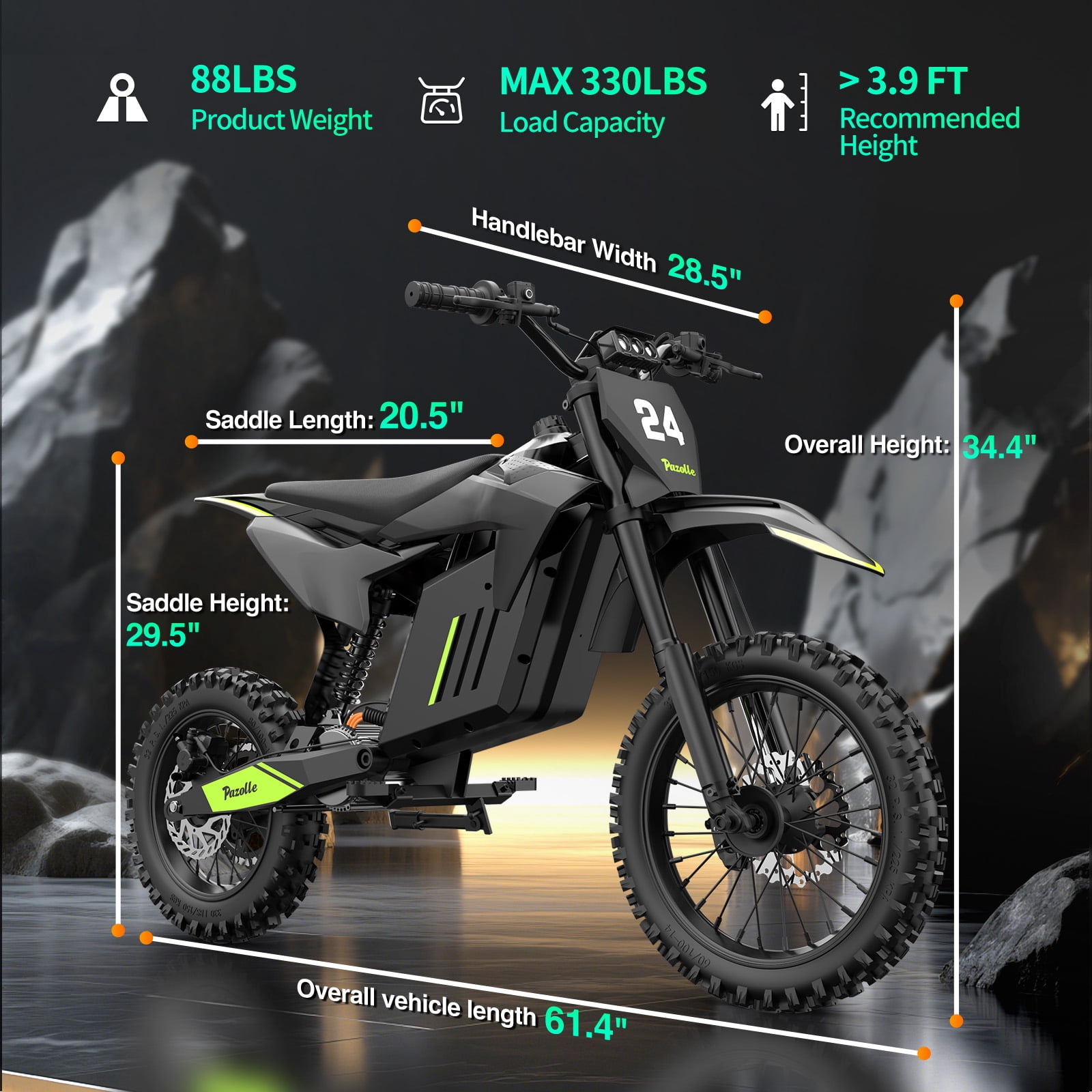 Bopzin Electric Dirt Bike for Teens,48V 30AH Max 60Miles,3000W 38MPH Electric Motorcycle,14"/12" Knobby Tires Mountain Bike UL2849