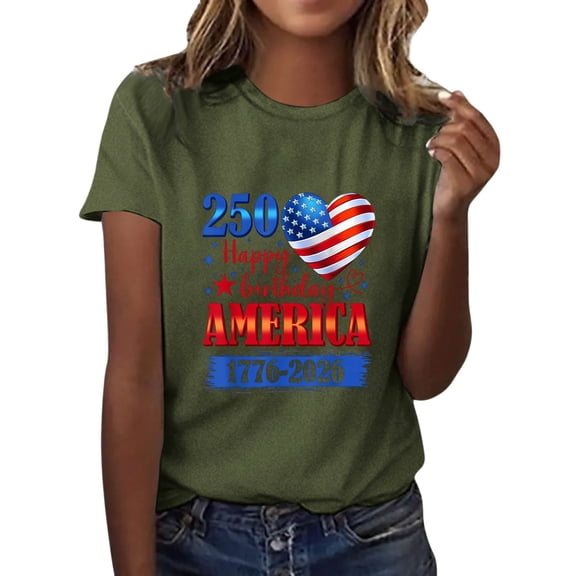 250 Years of Freedom Short Sleeve Tee – Women's USA 250th Anniversary Shirt, American Eagle Patriotic Top, Casual Wear for 2026 Events,Independence Day Gift Recommendations(Army Green,L)
