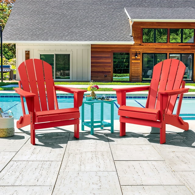 Devoko Folding Adirondack Chair Set of 2 HDPE Weather Resistant Outdoor Lounge Chair, Red