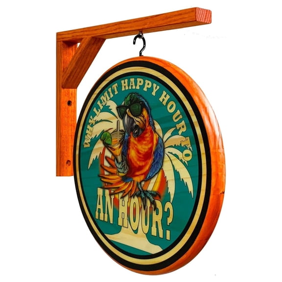 Parrot Pub Sign, 15 inch diameter wooden 2 sided sign, includes wooden hanging bracket, INDOOR USE ONLY