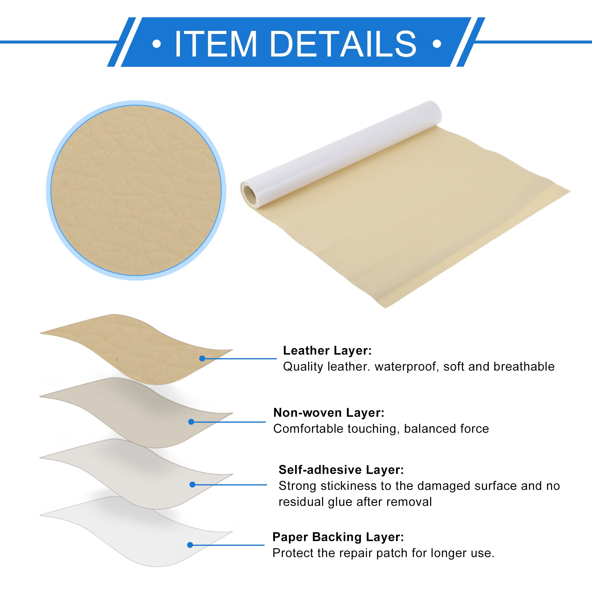 Unique Bargains Self Adhesive Leather Repair Patch Leather Repair Tape for Automotive Car Seat Sofa Couches Chair Interior Trim Beige Yellow 60" x 17"