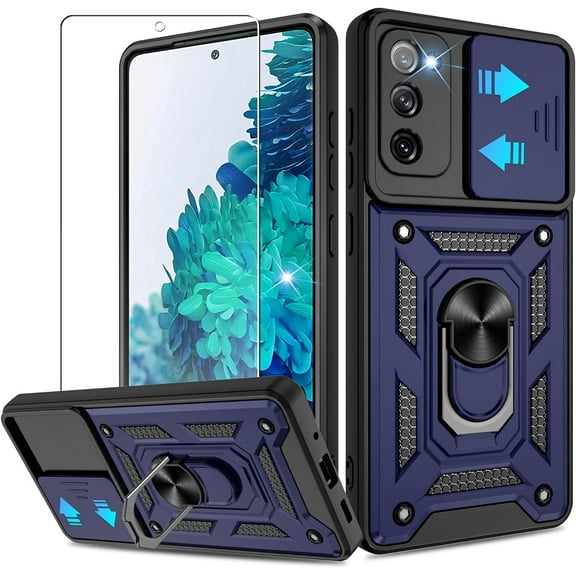Samsung Galaxy S20 FE Case(4G/5G),Galaxy S20 Fan Edition/S20 Lite with HD Screen Protector with Slide Camera Cover, 360° Rotation Ring Kickstand [Military Grade] Case for Samsung S20 FE Blue
