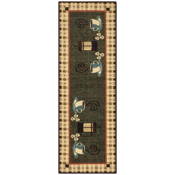 Ottomanson Machine Washable Non-Slip Rubberback Coffee Cups 2x5 Kitchen Runner Rug, 20" x 59", Olive Green