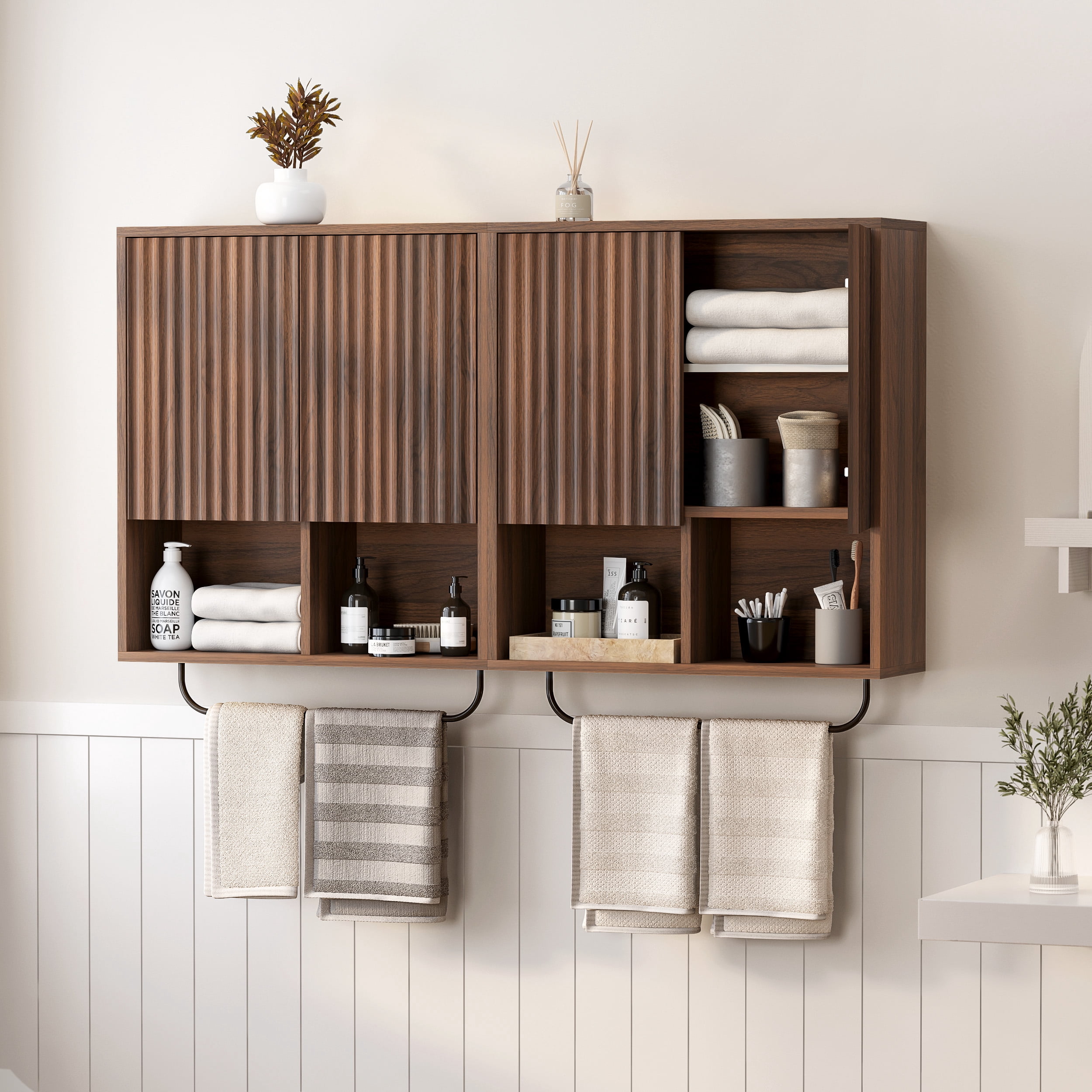 EYYTHUNG Fluted Wooden Medicine Cabinet Storage, Brown Bathroom Wall Cabinet with 2 Doors Adjustable Shelf and Towels Bar