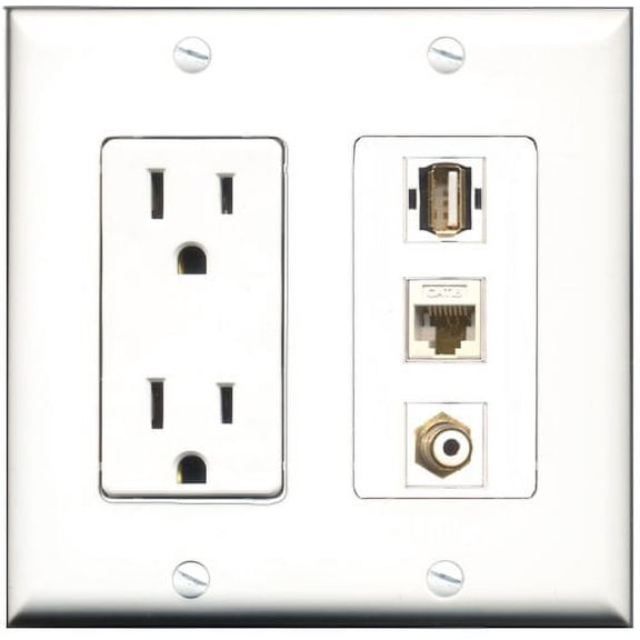 RiteAV - 15 Amp Power Outlet 1 Port RCA White 1 Port USB A-A 1 Port Cat6 Ethernet Ethernet White Decorative Wall Plate
