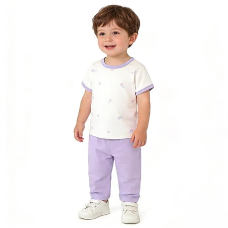 Toddler Baby Summer Outfits Cotton Casual Comfy Round Neck Printed Short Sleeve T-Shirt + Shorts 2 Pieces Loungewear Sets Multicolor 12-18 Months