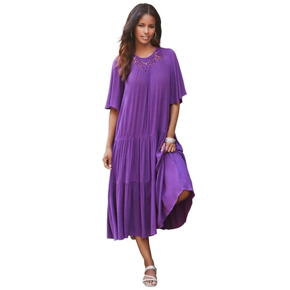 Roaman's Women's Plus Size Hand-Crinkled Crochet Neck Dress