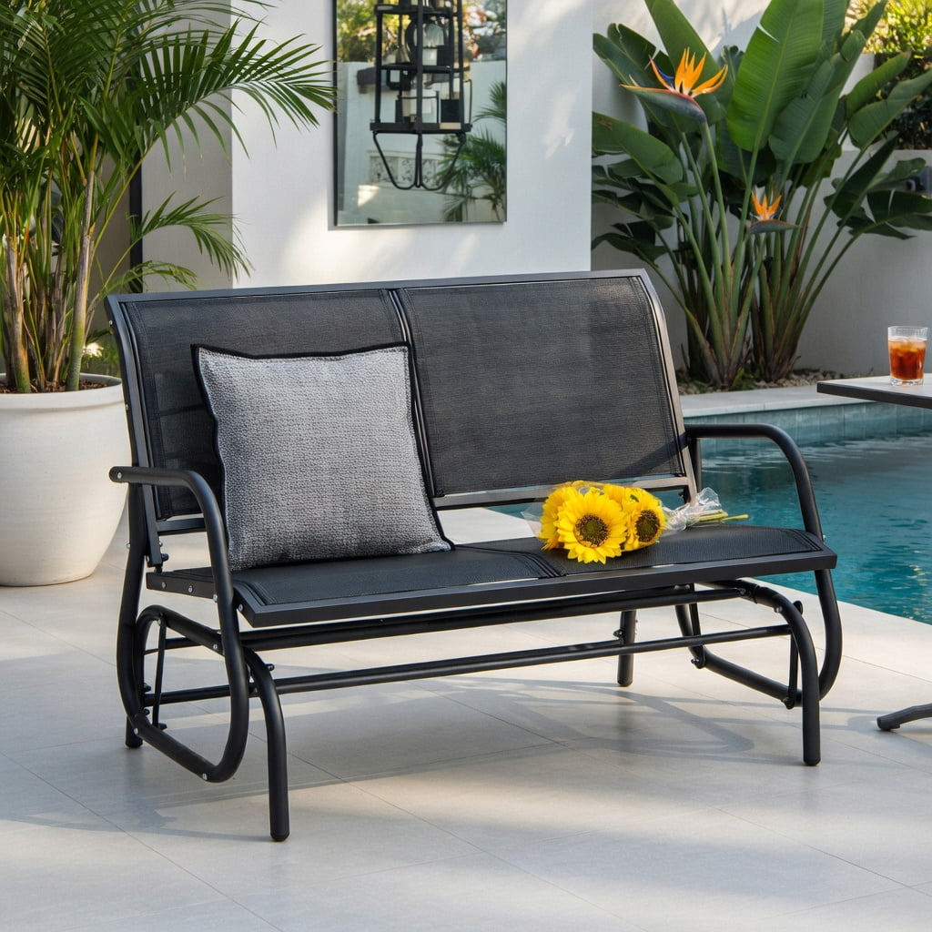 Hommoo 48" Outdoor Glider Loveseat Rocker Chair, Heavy Duty Steel Frame, Breathable Fabric Seat, Dual-Adult Capacity for Patio, Backyard & Porch, Black