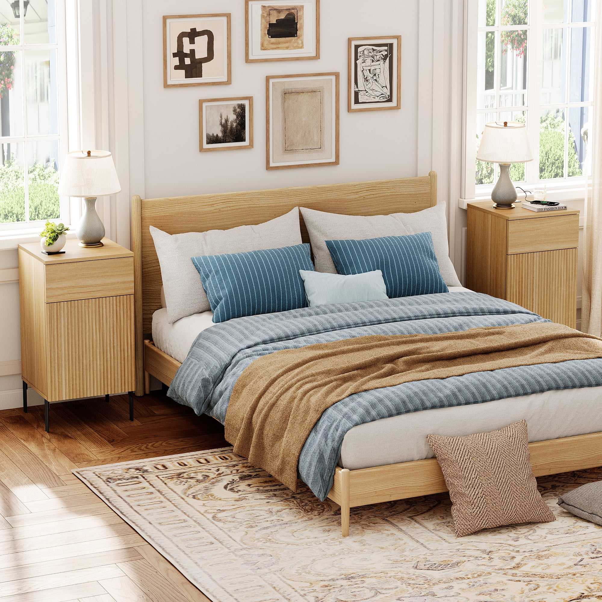 4 Pcs Bedroom Set，Reeded Dresser and Nightstand Sets for Bedroom, Wooden Dresser Set with Adjustable Shelves, Night Stand of 2 with Charging Station