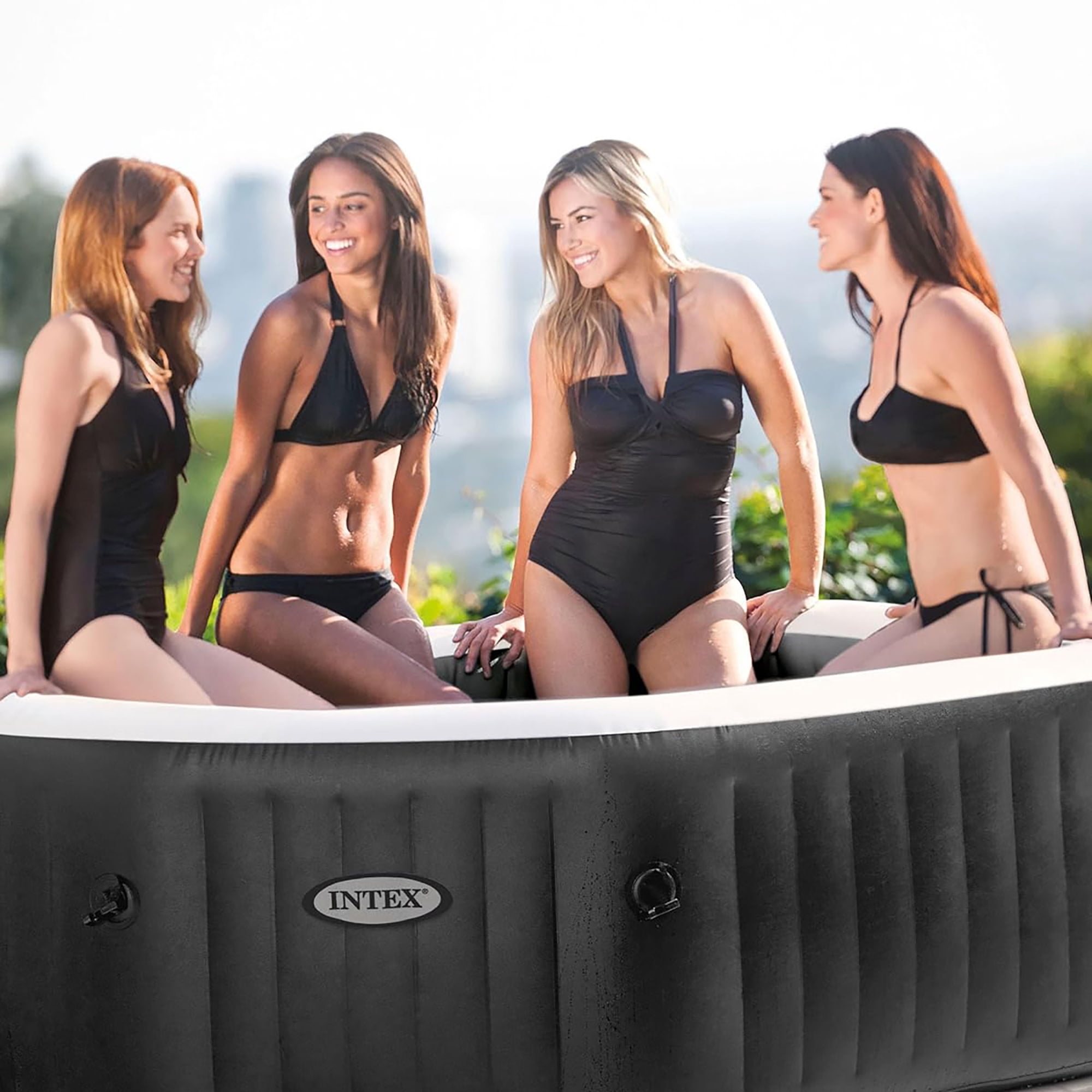 Intex: PureSpa Bubble Deluxe Spa Set - 4 Person, Black Onyx - 63 x 28" Inflatable Octagon Saltwater Hot Tub, 120 Jets, Energy Efficient Cover, 28457EP