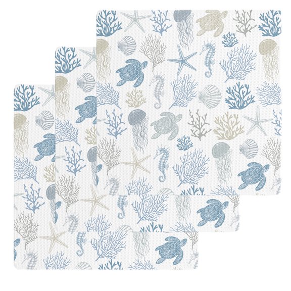 Blue Coastal Dish Towels Set, Waffle Weave Kitchen Towels 3 Pieces, Nautical Summer Beach Coral Sea Turtle Microfiber Hair Face Bath Tea Towel Absorbent Quick Drying Cleaning Dish Cloths, 12"x12"