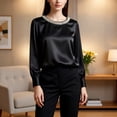 thumbnail image 2 of XAOFW Women's T-Shirts Long Sleeve Pearl Neckline Solid Color Elegant Satin T Shirt Everyday Wear Relaxed Fit Tee Shirts Party Night Comfortable Stylish Tops, 2 of 4