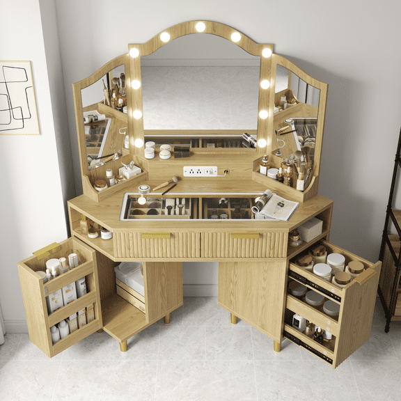 59" Large Corner Vanity Desk w/3 Way Mirror and Lights, Glass Top Makeup Vanity Table with Drawers, Power Outlet, Fluted Dressing Table w/Cabinet&Storage Cubbies for Bedroom (Natural Oak)