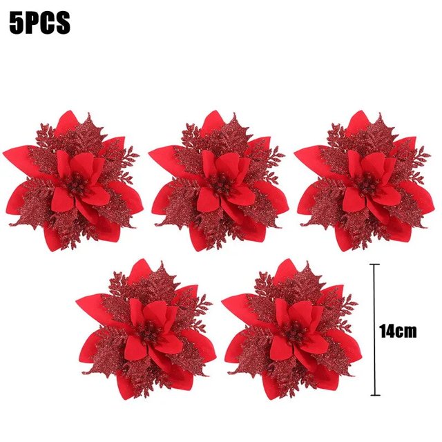 Flores artificiales de Navidad, cabezas de flores ostentosas de oro rojo, adornos para árbol de Navidad, fiesta, vacaciones, Festival, Año Nuevo